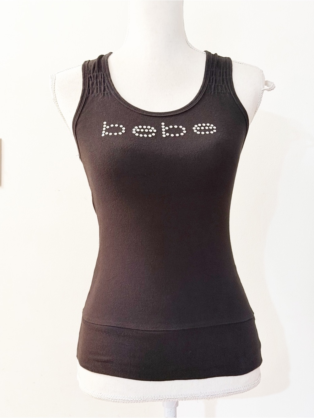 BEBE Black Rhinestone Logo Racerback Tank Top | Y2K Stretch Cotton | Medium
